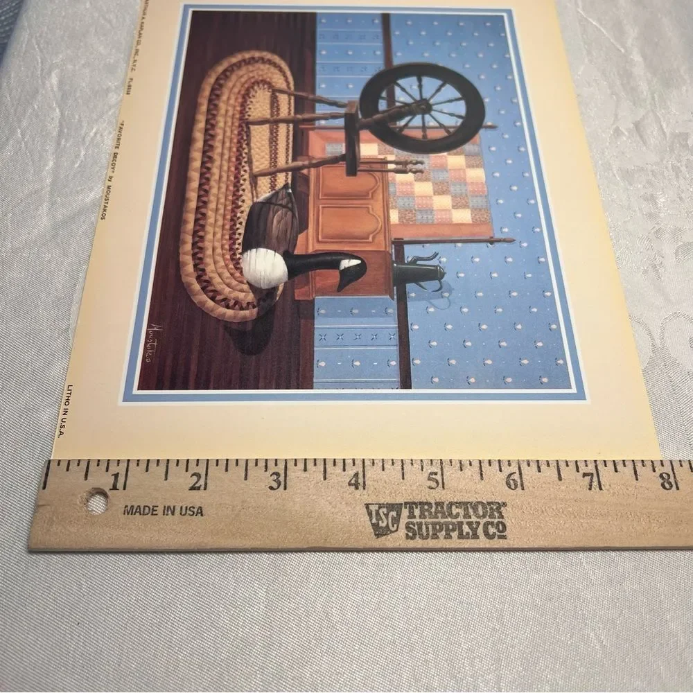 Vintage Moustakos Lithograph Favorite Decoy Framed Spinning Wheel Goose Folk Art